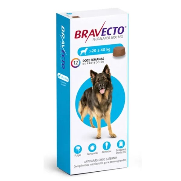 Bravecto antiparasitario para perros entre 20 a 40Kg, 1 comprimido.