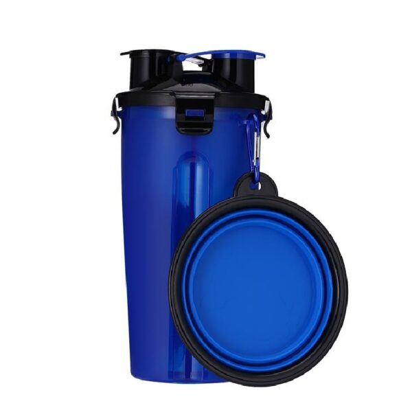 Botella 2x1 para agua y comida + 1 plato plegable para paseos-azul