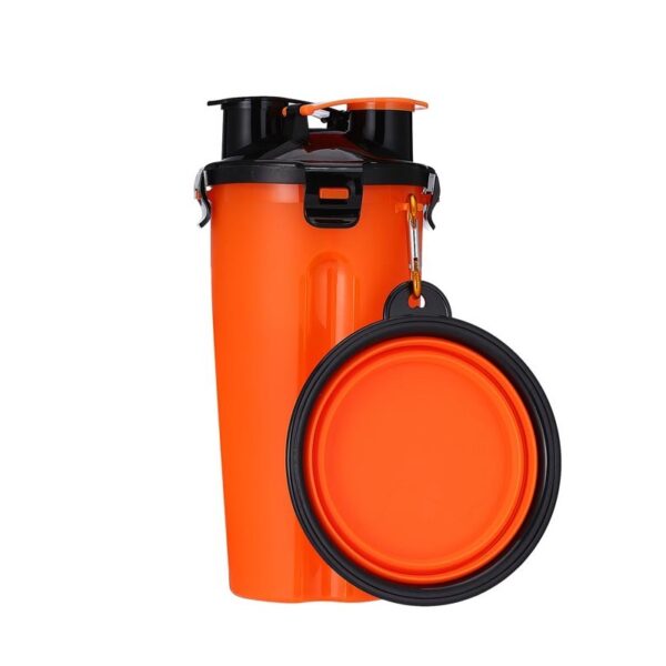Botella 2x1 para agua y comida + 1 plato plegable para paseos-naranjo