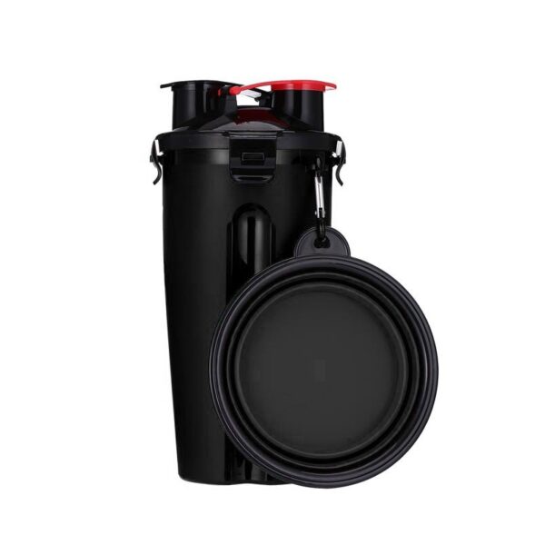 Botella 2x1 para agua y comida + 1 plato plegable para paseos-negro