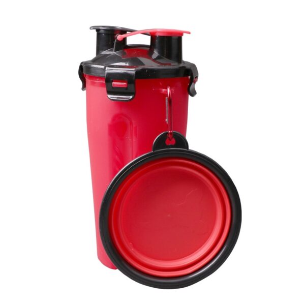 Botella 2x1 para agua y comida + 1 plato plegable para paseos-rojo