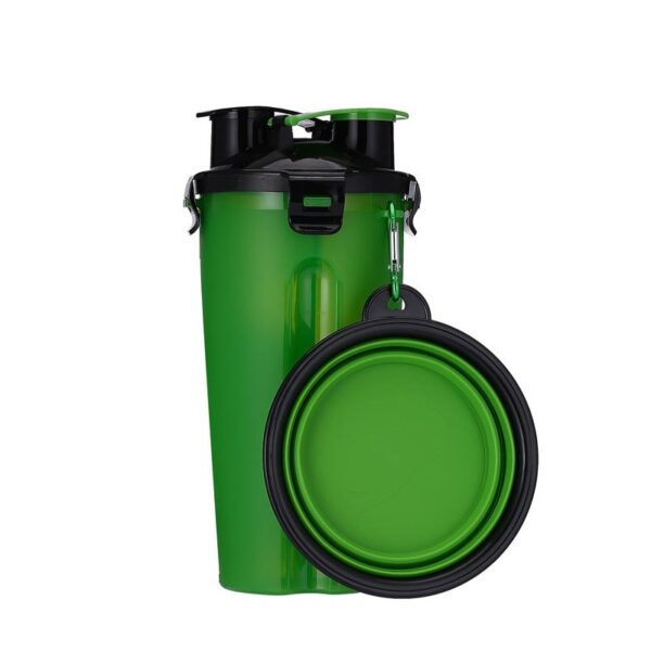 Botella 2x1 para agua y comida + 1 plato plegable para paseos-verde