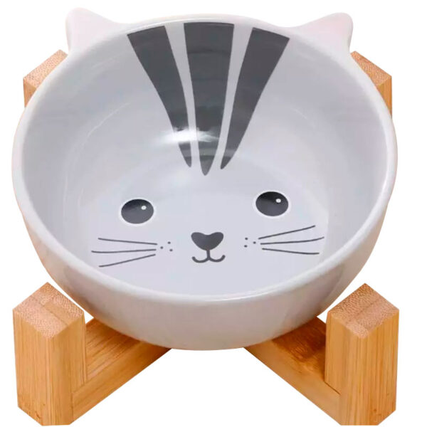 Plato Ceramica para Perros y Gatos con Base Madera Lovely Friends Cat